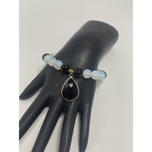 Toni Composite 10mm Moonstone & Black Onyx Beaded Bracket W/Teardrop Pendant New - Picture 4 of 7